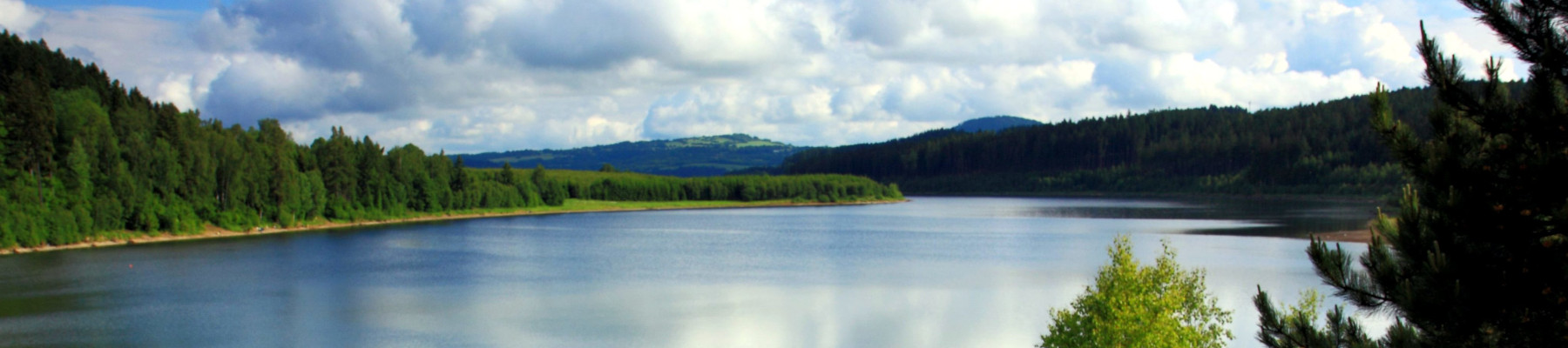 Schöne Landschaft von einem See mit Wäldern